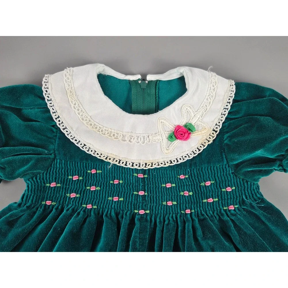 Vintage Green Velvet Baby Bubble Romper Lace Collar Floral Smocking 6 Mos